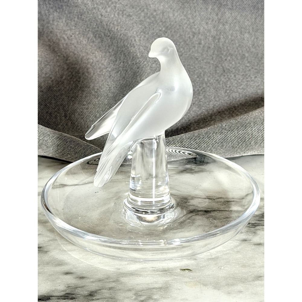 3.5"H Crystal Frosted Charice Dove Ring Holder Dish Signed VTG  (A3146)